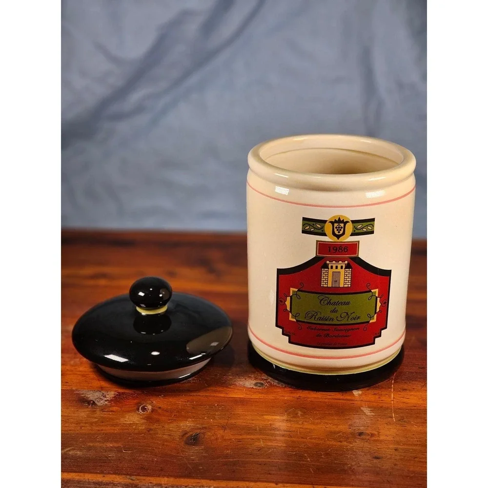 Vintage OGGI French Wine Label Ceramic Canister With Lid 9 In